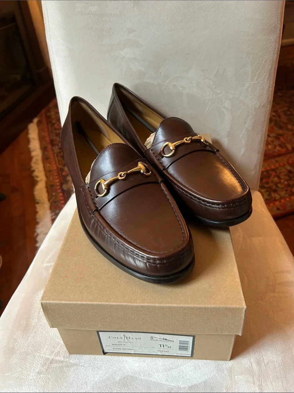 Cole Haan Dark Brown Leather Bit Loafers with Gold Hardware